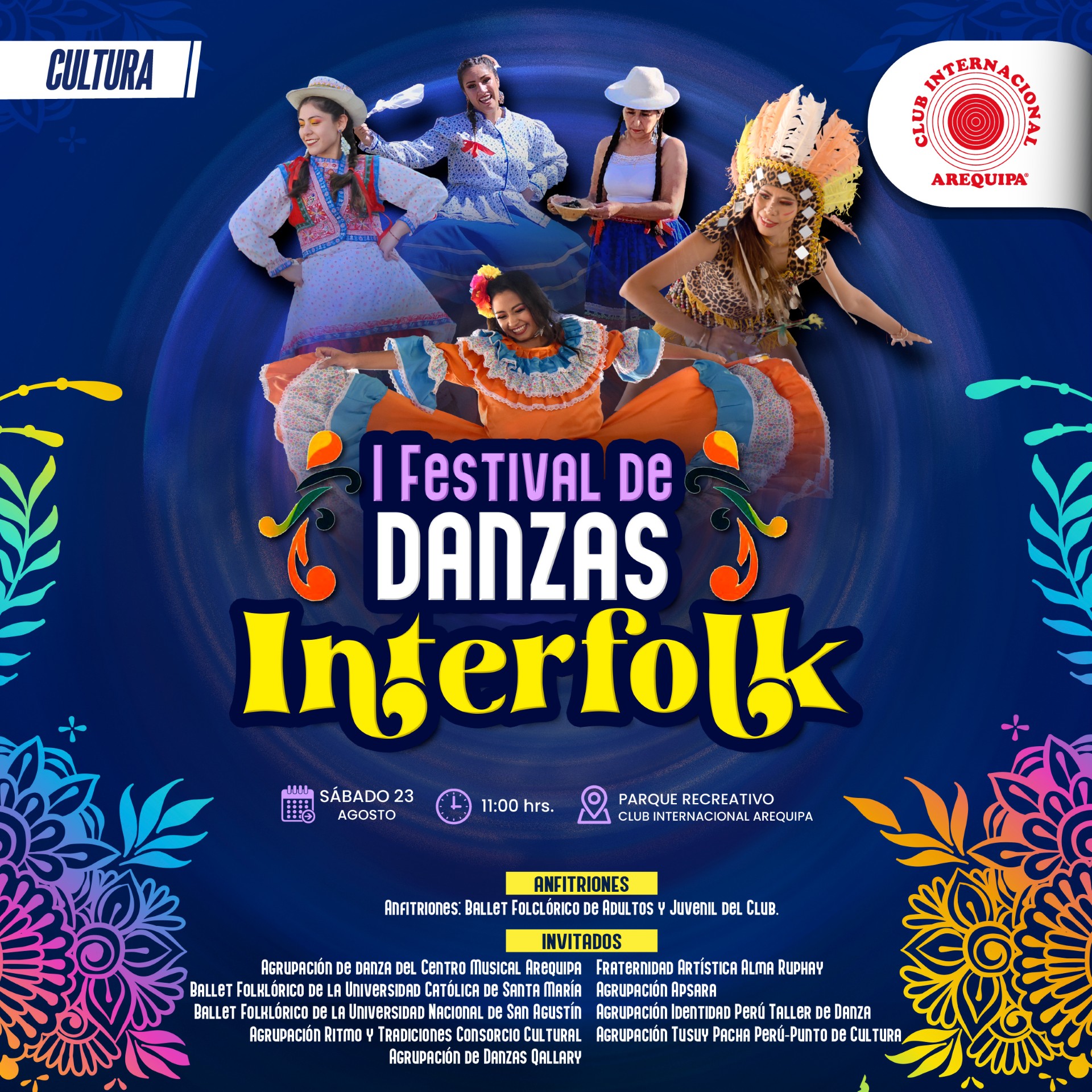 Ven y disfruta de este maravilloso espectáculo que hemos preparado para ti. Cada presentación será una muestra viva de nuestras raíces. Anfitriones: Ballet Folclórico de Adultos y Juvenil del Club. Invitados especiales: reconocidas agrupaciones de danza regional y nacional. Una cita imperdible para celebrar nuestras tradiciones. ¡Ven con tu familia y vive esta gran fiesta de danzas! 